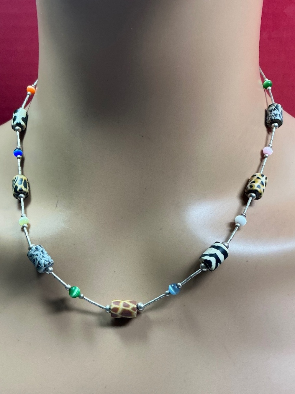JORDAN Sterling Silver Colorful Beaded Necklace. 16 to 18.5 inches long